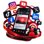 Smartphone with social media icons including Facebook, Instagram, TikTok, LinkedIn, and YouTube.