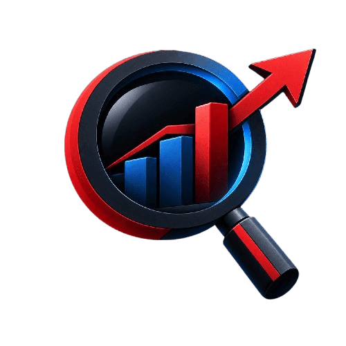 Magnifying glass with upward trending bar chart and arrow for growth analysis.
