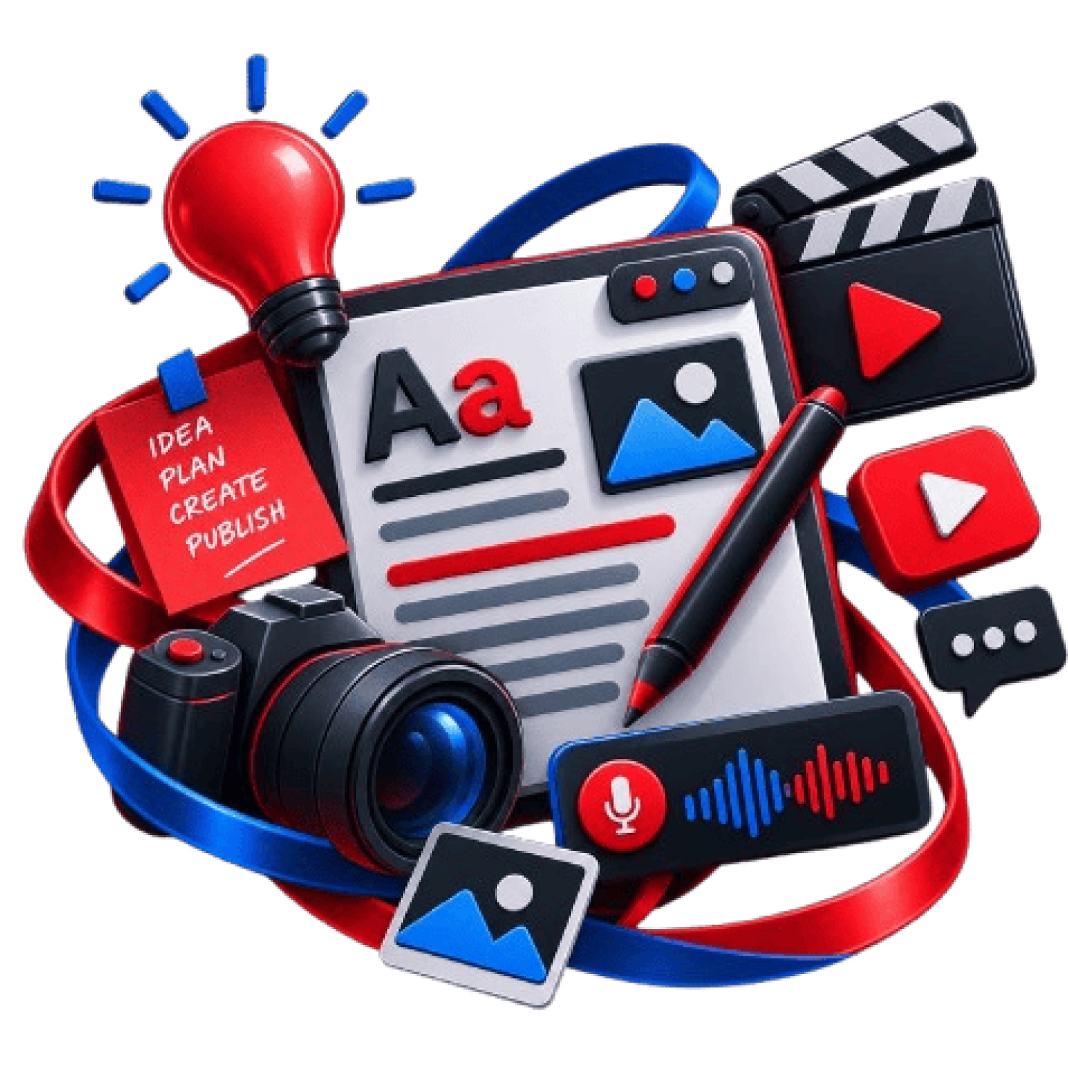 Digital content creation tools including camera, microphone, and editing icons.