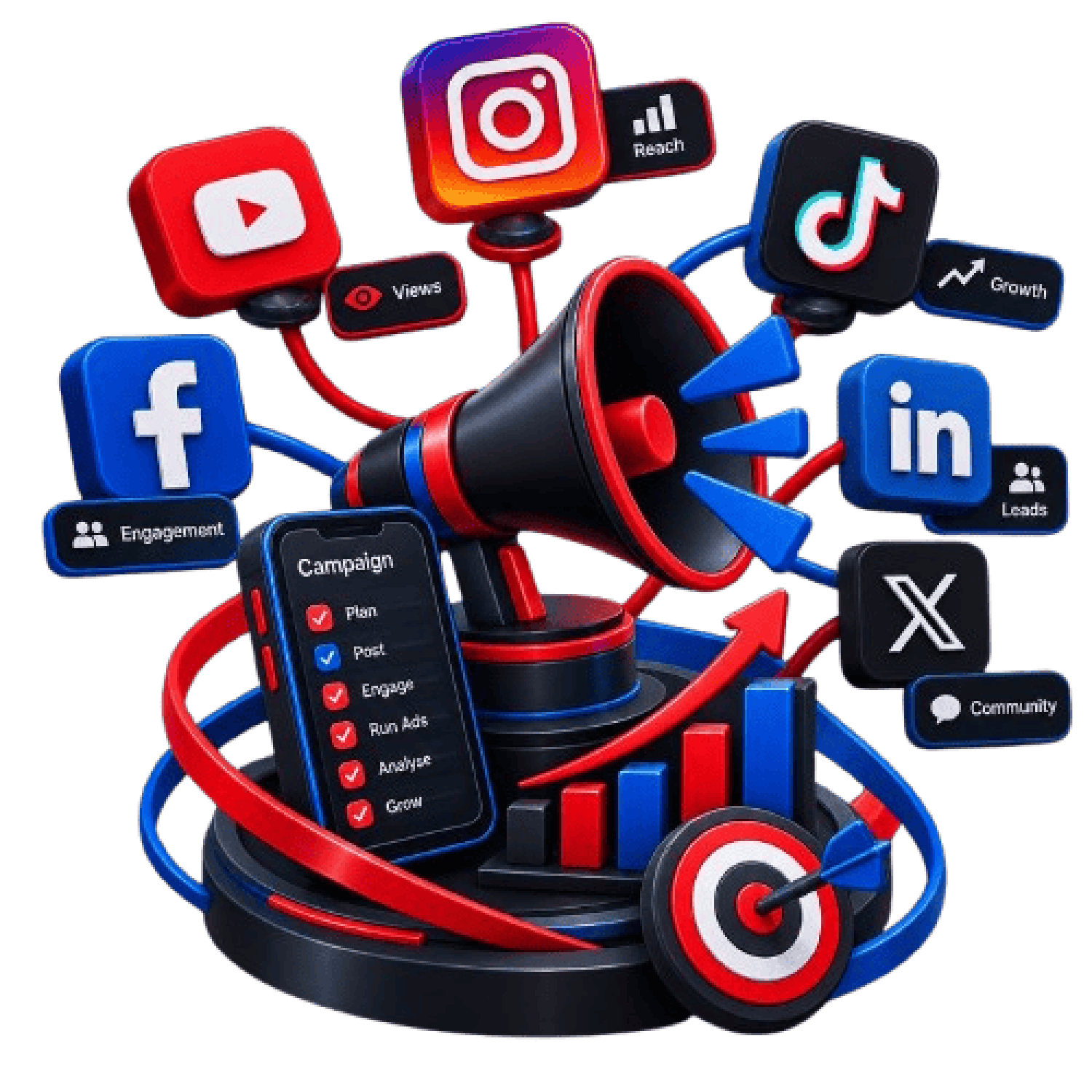 Digital marketing icons with social media platforms and analytics tools.