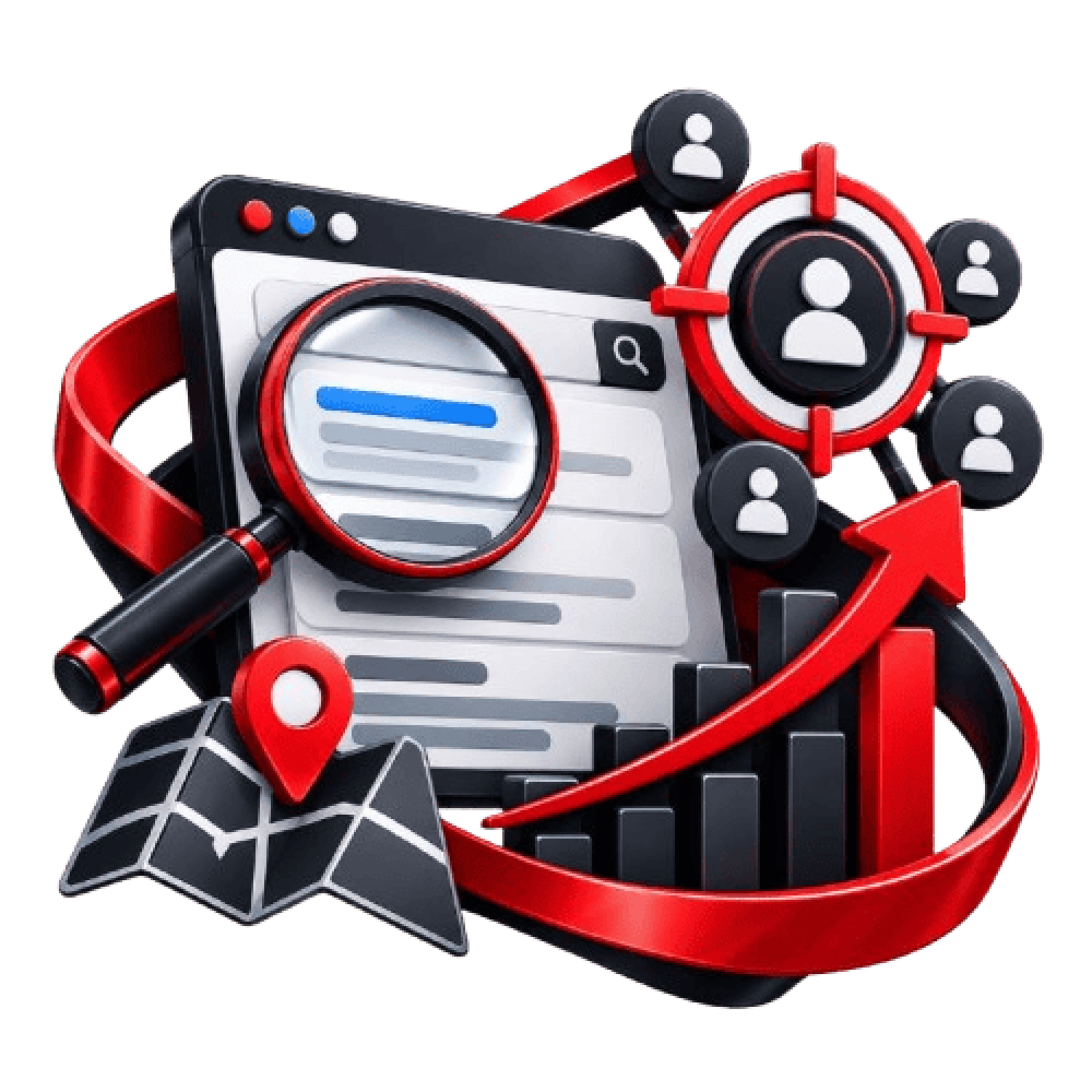 SEO and digital marketing analysis icons with graphs and user targets.