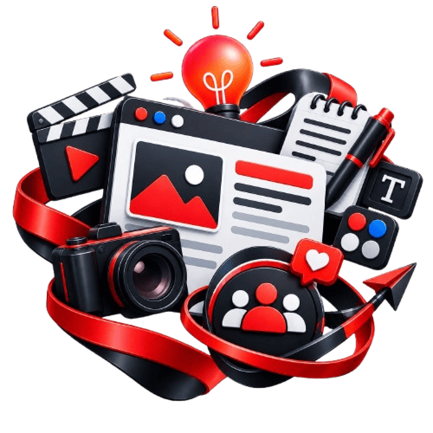 Collection of video, photo, and content creation tools with camera, light bulb, and editing icons.